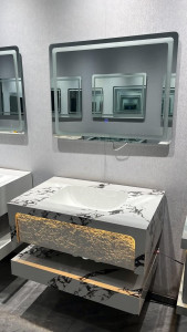 Modern Bathroom vanity combo set featuring a white marble-style cabinet with integrated lighting and a smart LED mirror