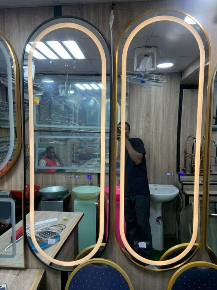 Modern ova Led smart mirrors featuring built-on lighting and decorative gold or black frames