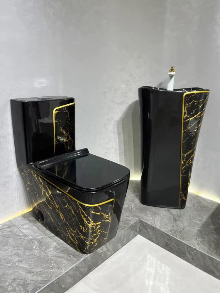 Black arble effect ceramic toilet and basin set with gold plaited details