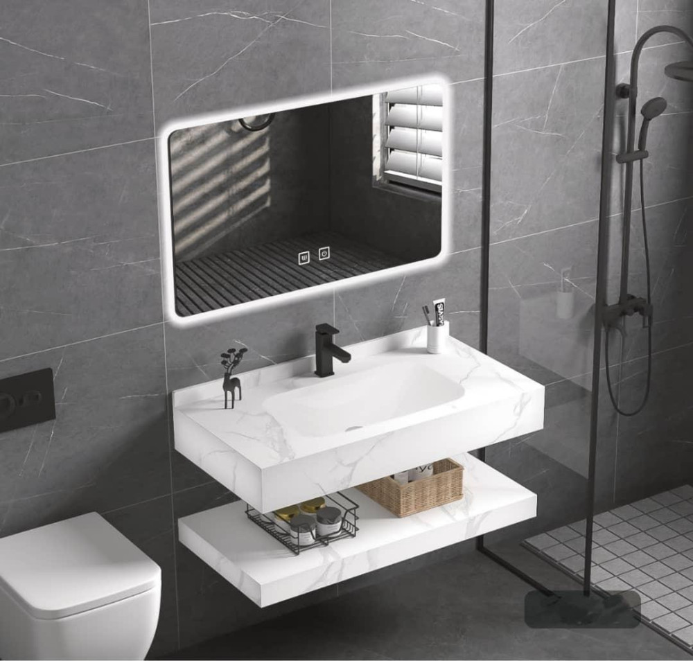 Bango modern wall-hung bathroom vanity set featuring a marble-style countertop, integrated, and rectangular ed-illuminated mirror