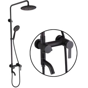 Black wal-mounted shower set with a mixer tap
