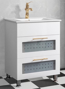 White and gold bathroom vanity features a sink integrated into a cabinet with decorative tile accents and ample storage for toiletries