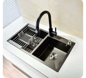 product is a black stainless steel double-bowl Kitchen sink workstation