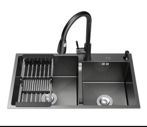 black Stainless steel double bowl Kitchen sink workstation with pull-out faucet and drain rack