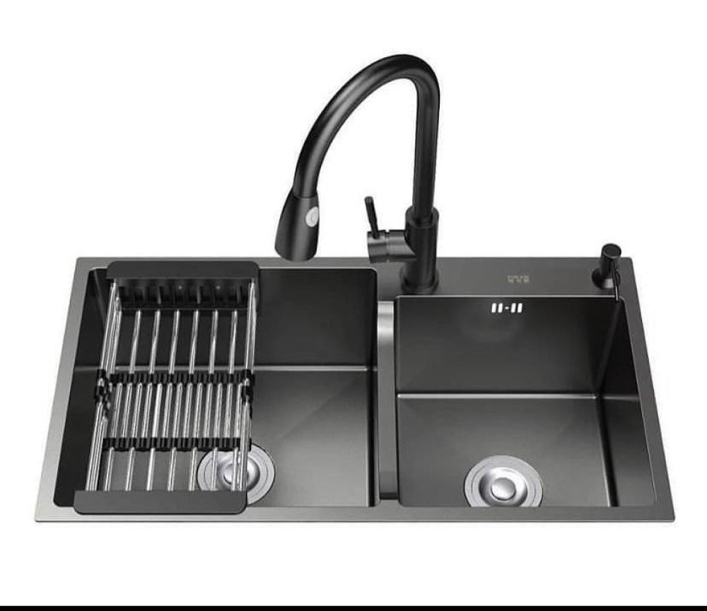 black Stainless steel double bowl Kitchen sink workstation with pull-out faucet and drain rack
