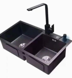 NewbieBoom 304 stainless steel double bowl Kitchen sink with a black pull-out faucet