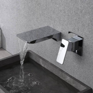 chrome wall-mounted waterfall basin mixer tap designed with a sleek single handle control