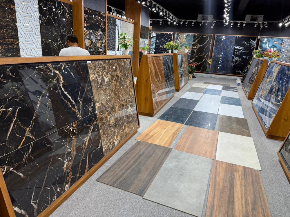 Showroom features a variety of ceramic and porcelain tiles for interior floors and walls