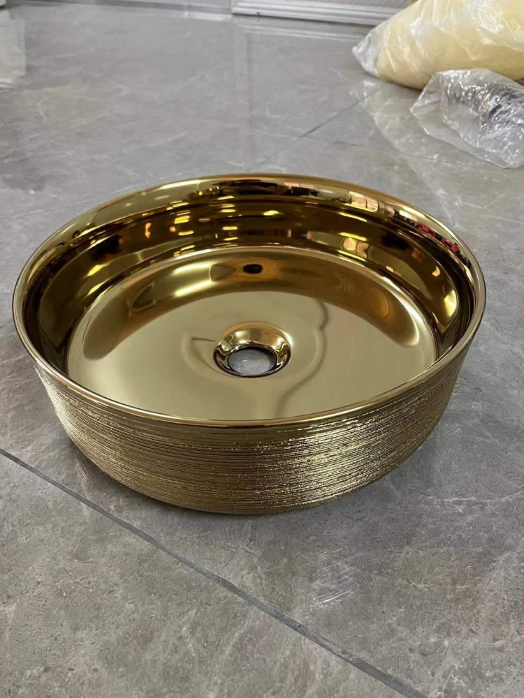 Round gold electroplated ceramic countertop wash basin 