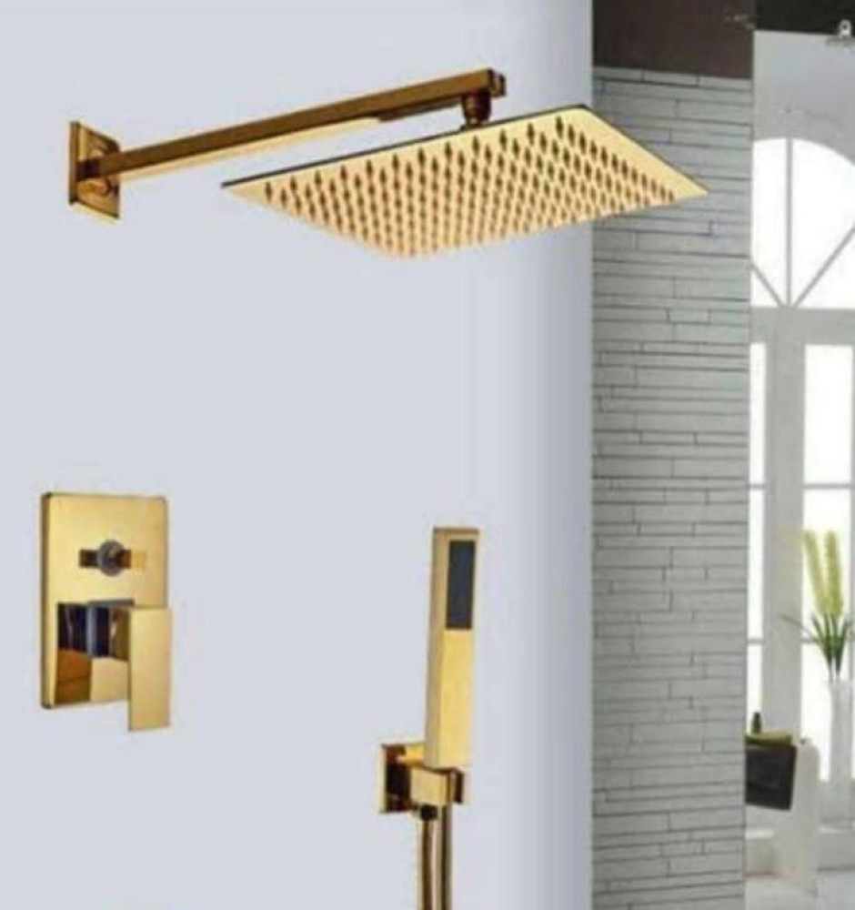 modern concealed wall-mounted rainfall shower system in polished gold finish