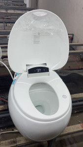 Smart toilet featuring advanced functionality such as bidet sprayer, heated seat, and automatic flushing